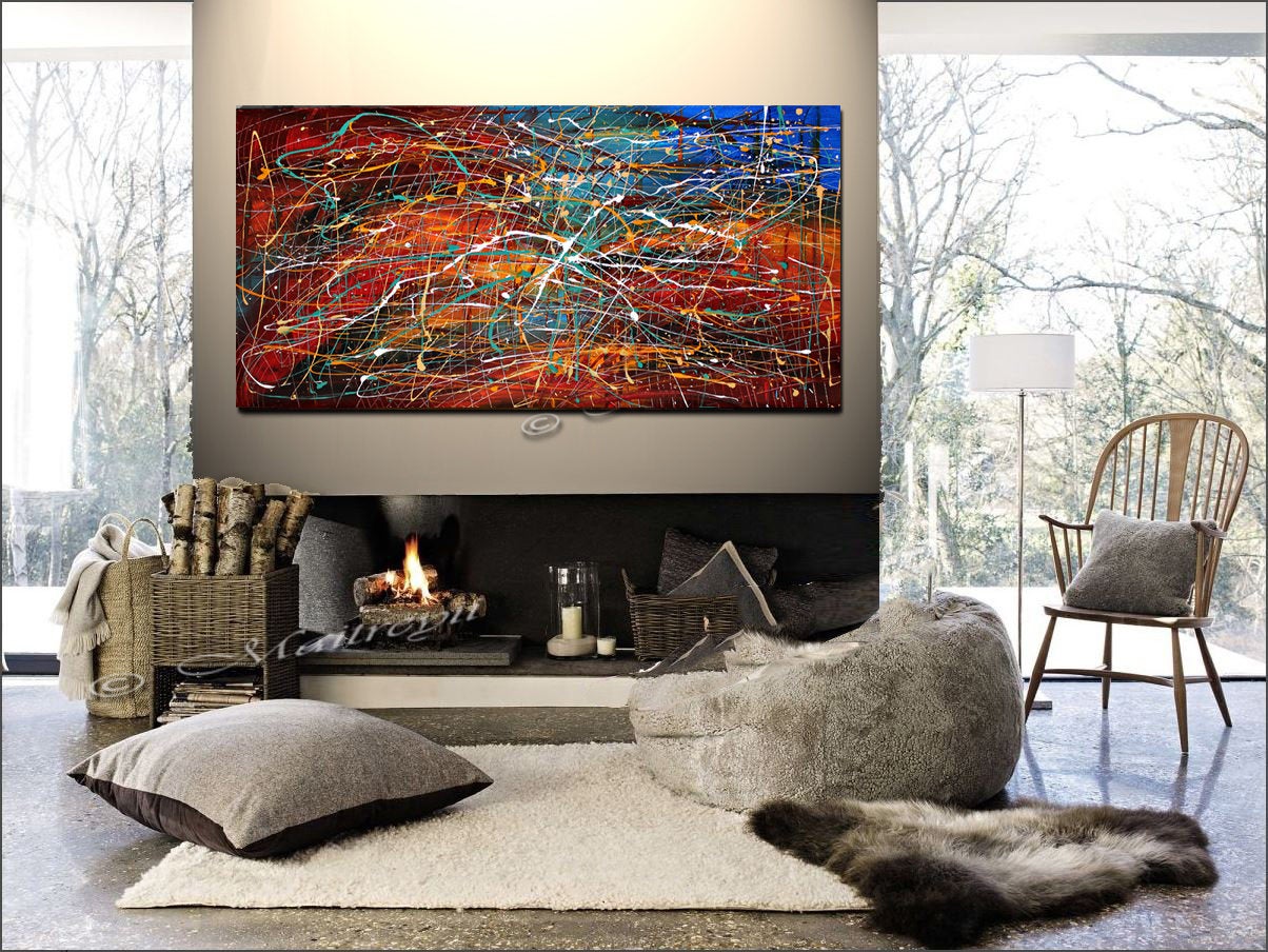 Abstract Art Painting - Handmade modern canvas art by Maitreyii in a cozy living room setting.