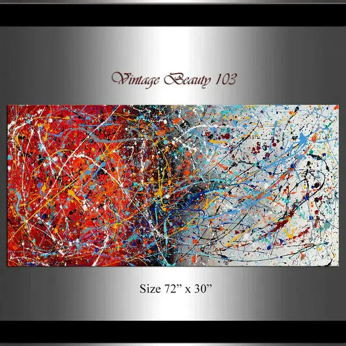 Hand-painted modern abstract wall decor 'Vintage Beauty 103', 72" x 30" canvas art featuring vibrant colors and dynamic patterns.