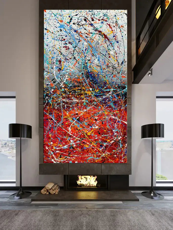 Modern abstract wall decor canvas painting with vibrant colors and dynamic patterns in a contemporary living room setting.