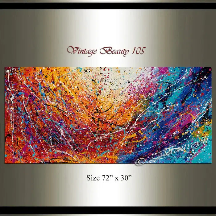 Elegant hand-painted vintage wall art on canvas, featuring vibrant colors and dynamic abstract design, size 72" x 30".