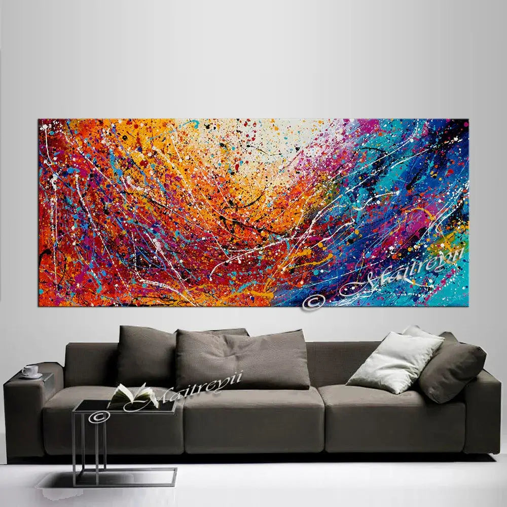 Colorful abstract hand-painted wall art on canvas above a modern gray sofa, enhancing the living room decor.
