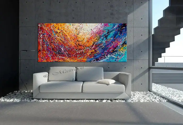Vibrant hand-painted luxury wall art on canvas in a modern living room setting, showcasing elegant colors and abstract design.