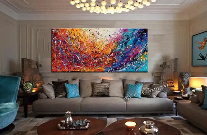 Luxury hand-painted canvas wall art featuring vibrant colors in an elegant living room setting.