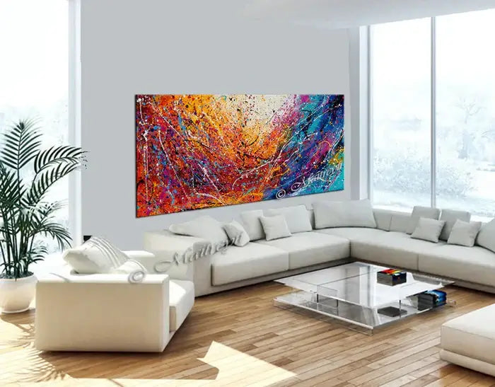 Vibrant luxury wall art on canvas displayed in a modern living room, showcasing elegant hand-painted design.