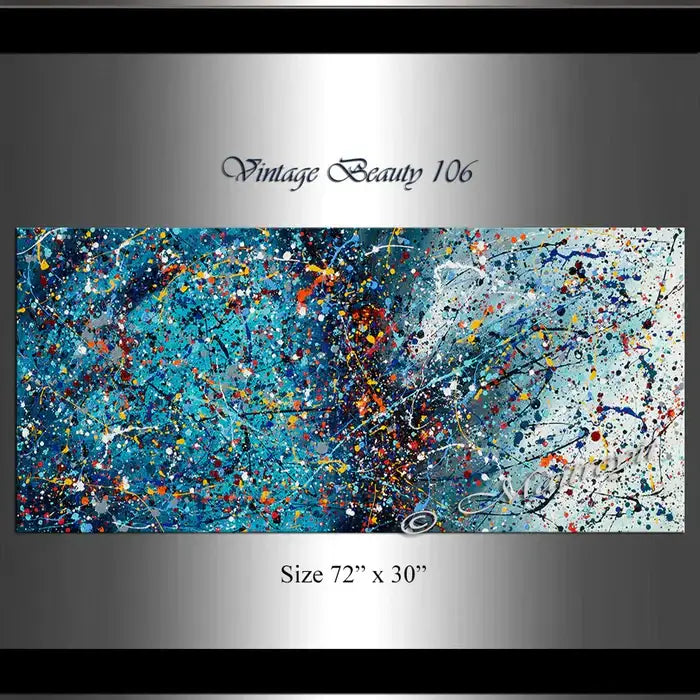Blue abstract painting Vintage Beauty 106, hand-painted canvas art 72x30 inches, perfect for modern decor.