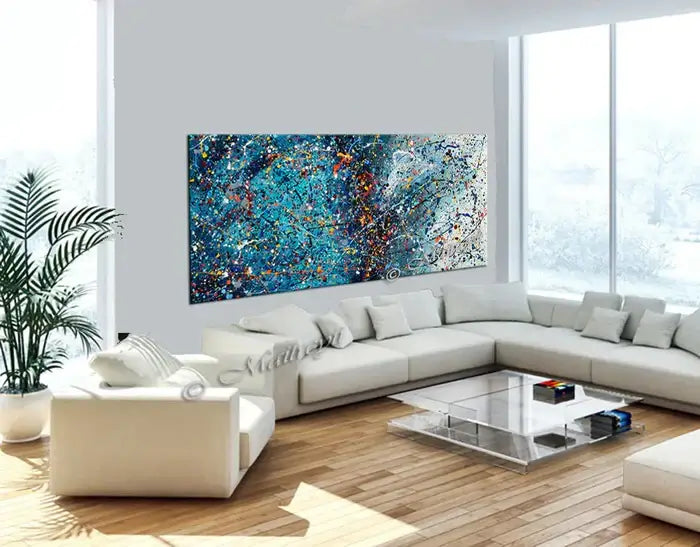 Blue abstract painting in modern living room, hand-painted canvas art enhancing stylish decor.