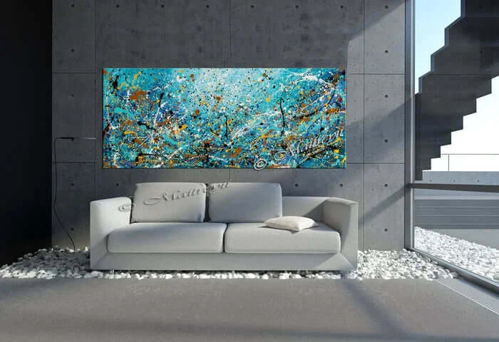 Abstract art on canvas displayed above a modern sofa in a chic interior, showcasing vibrant colors and textures.
