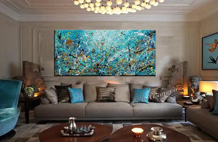 Abstract art on canvas featuring vibrant blue colors and bold textures, perfect for modern home decor.