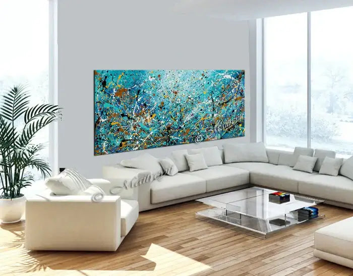 Abstract art on canvas displayed in a modern living room, featuring vibrant colors and bold textures.