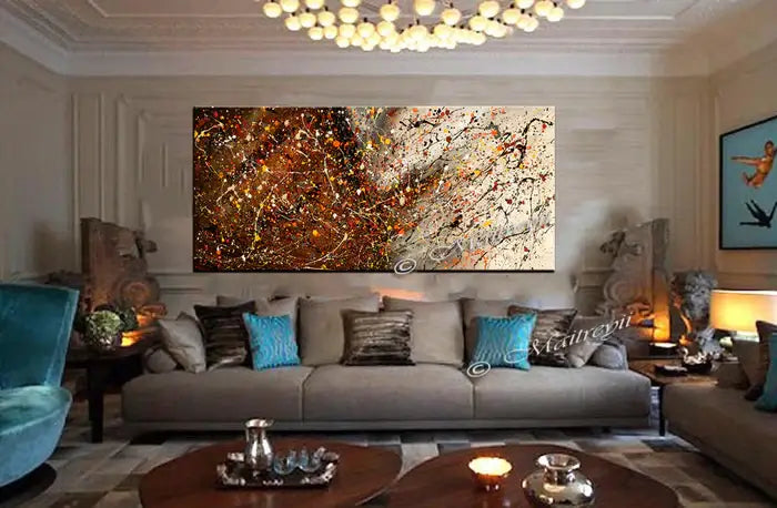 Abstract canvas painting displayed in a modern living room, featuring vibrant colors and bold textures, ideal for wall art.
