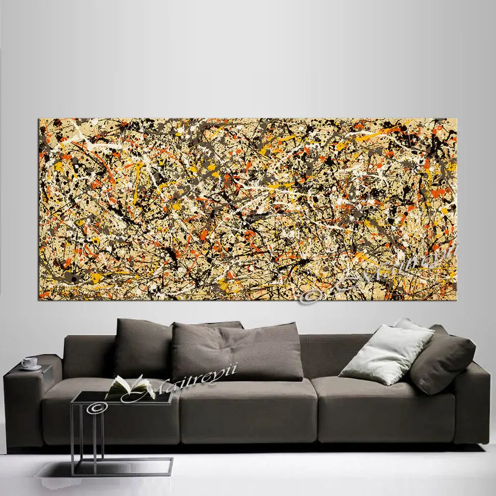 Large hand-painted abstract painting on wall above modern sectional sofa, emphasizing bold colors and contemporary style.