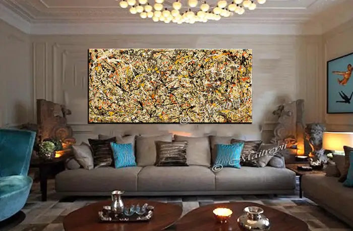 Large hand-painted abstract painting in a modern living room, featuring vibrant colors and sophisticated decor.