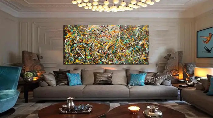 Alt Tag: Painting Art Vintage Style Jackson Pollock inspired abstract splatter canvas in living room wall decor - Vintage Beauty 126