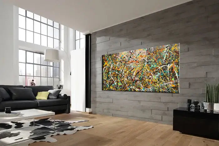 Alt Tag: Painting Art Vintage Style Jackson Pollock-inspired abstract canvas wall art in modern living room, Vintage Beauty 126 handmade artwork