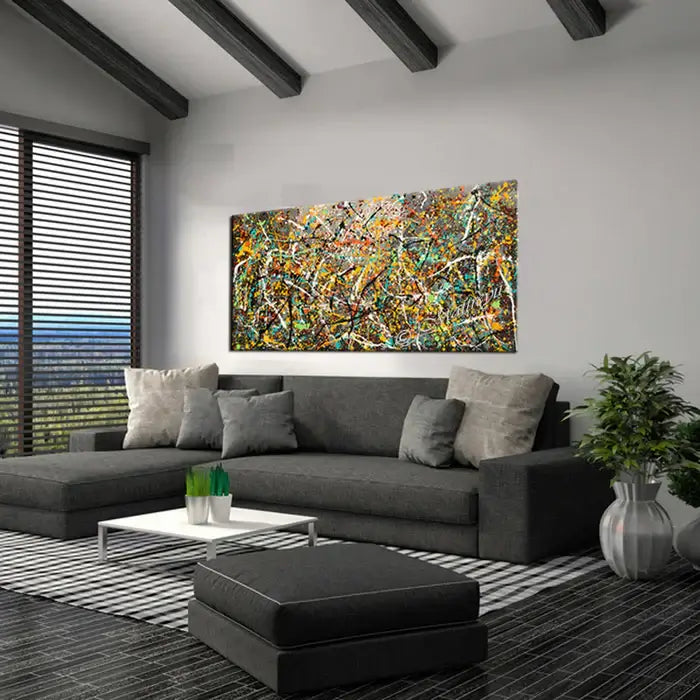 Painting Art Vintage Style Jackson Pollock inspired abstract canvas wall art "Vintage Beauty 126" in modern living room above gray sofa