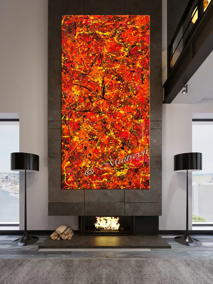 Jackson Pollock Red Painting displayed in a modern living room, showcasing bold red tones and abstract art style.