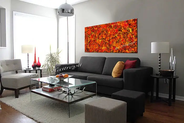 Jackson Pollock Red Painting displayed in a modern living room with stylish furniture and decor.