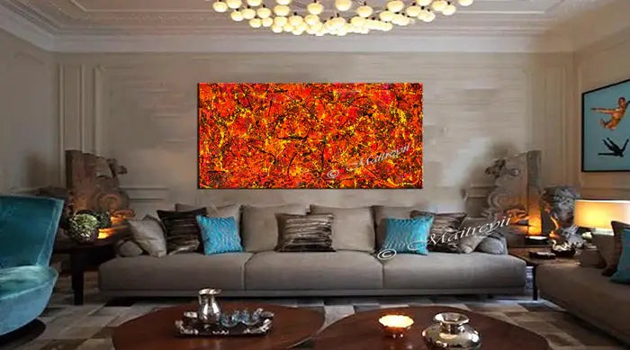 Jackson Pollock Red Painting displayed in a modern living room with vibrant colors and elegant decor.