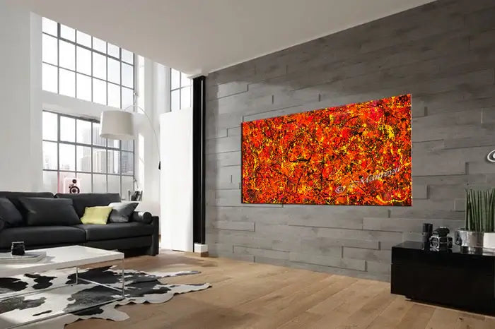 Jackson Pollock Red Painting displayed in a modern living room, showcasing vibrant red tones and abstract art.