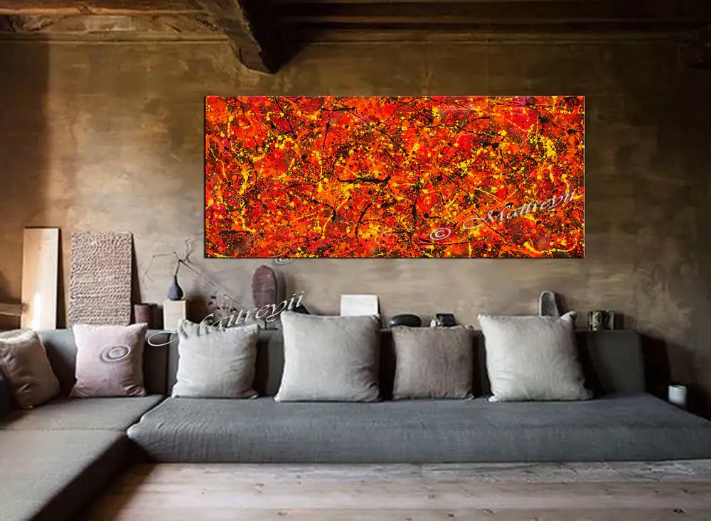 Jackson Pollock Red Painting displayed in a modern living room showcasing vibrant abstract art by Maitreyii.