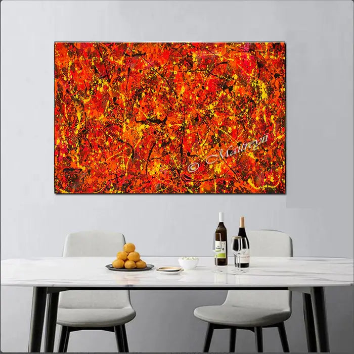 Jackson Pollock Red Painting displayed in a modern dining area, showcasing vibrant red abstract art.