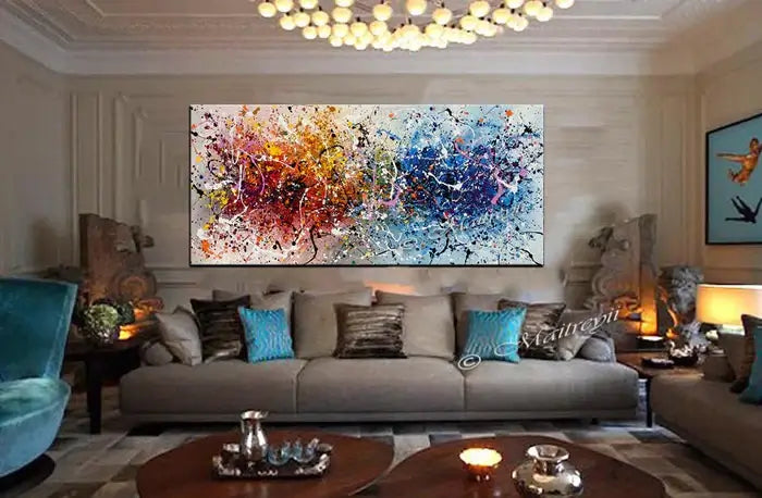 Hand-painted original canvas wall art featuring vibrant colors in a modern living room setting.