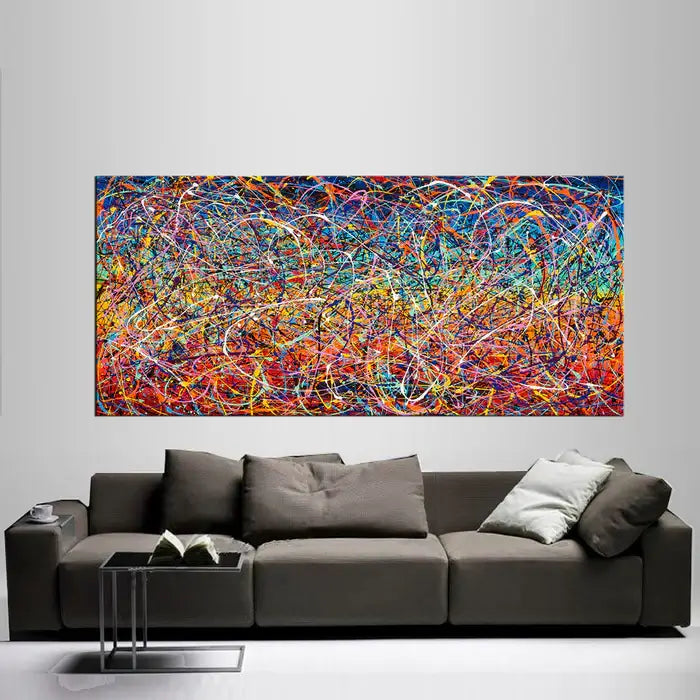 Custom Order Painting by Maitreyii, vibrant abstract wall art above modern sofa in stylish living room