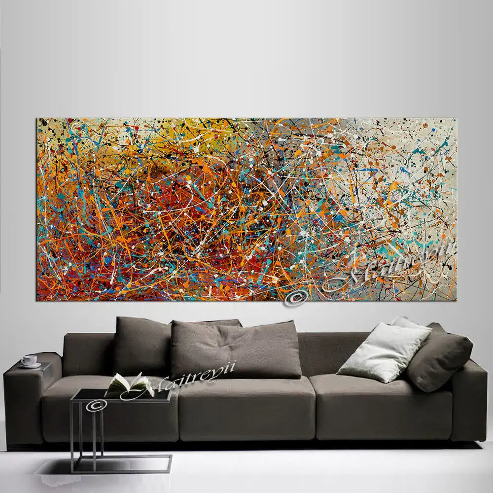 Abstract Art for Living Room displayed above a modern couch, featuring vibrant colors and dynamic brush strokes.