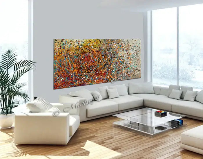 Abstract Art for Living Room - Vintage Beauty 91 displayed in a modern living room with a cozy sofa and artistic decor.