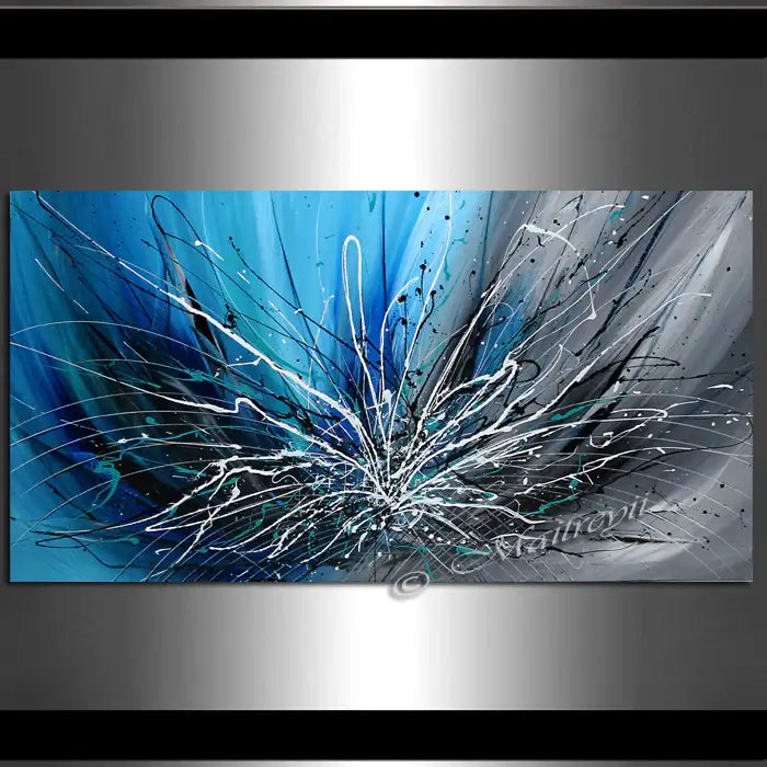 Abstract Art Blue Wall Art Large Painting on Canvas featuring fluid brushwork and winter blossom inspiration by Maitreyii.