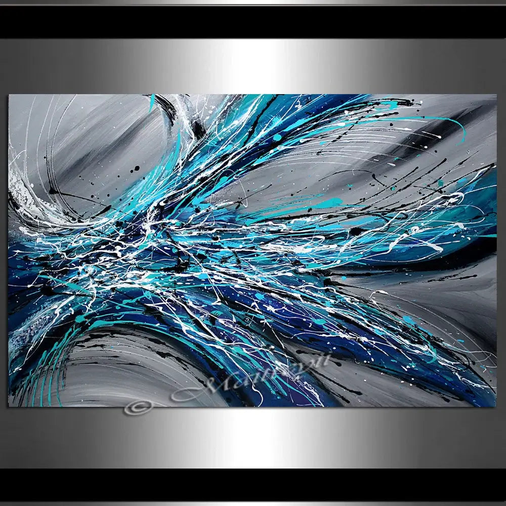 Large Abstract Blue Painting by Maitreyii featuring cobalt and turquoise tones with dynamic brushwork.