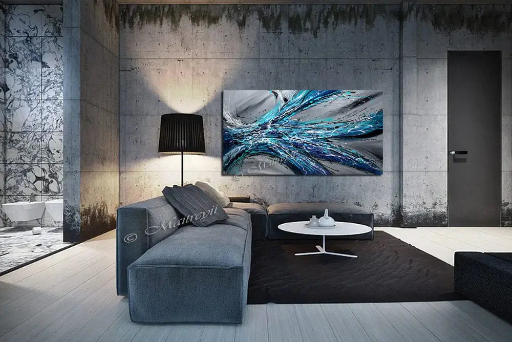 Large Abstract Blue Painting displayed in a modern living room with gray decor and stylish furniture.