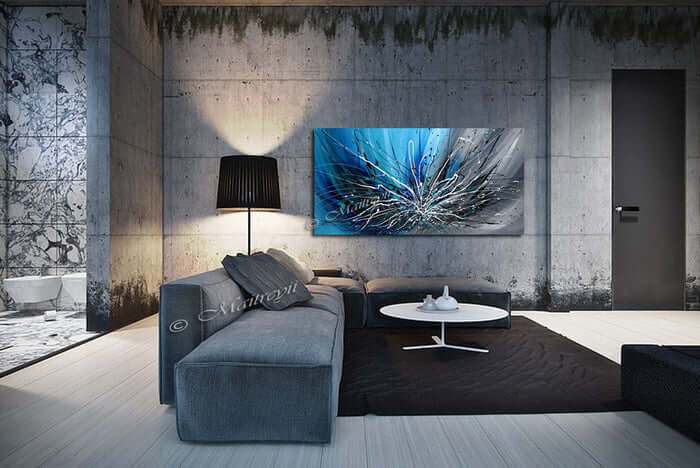 Abstract Art Blue Wall Art large canvas painting in modern living room with stylish furniture and decor