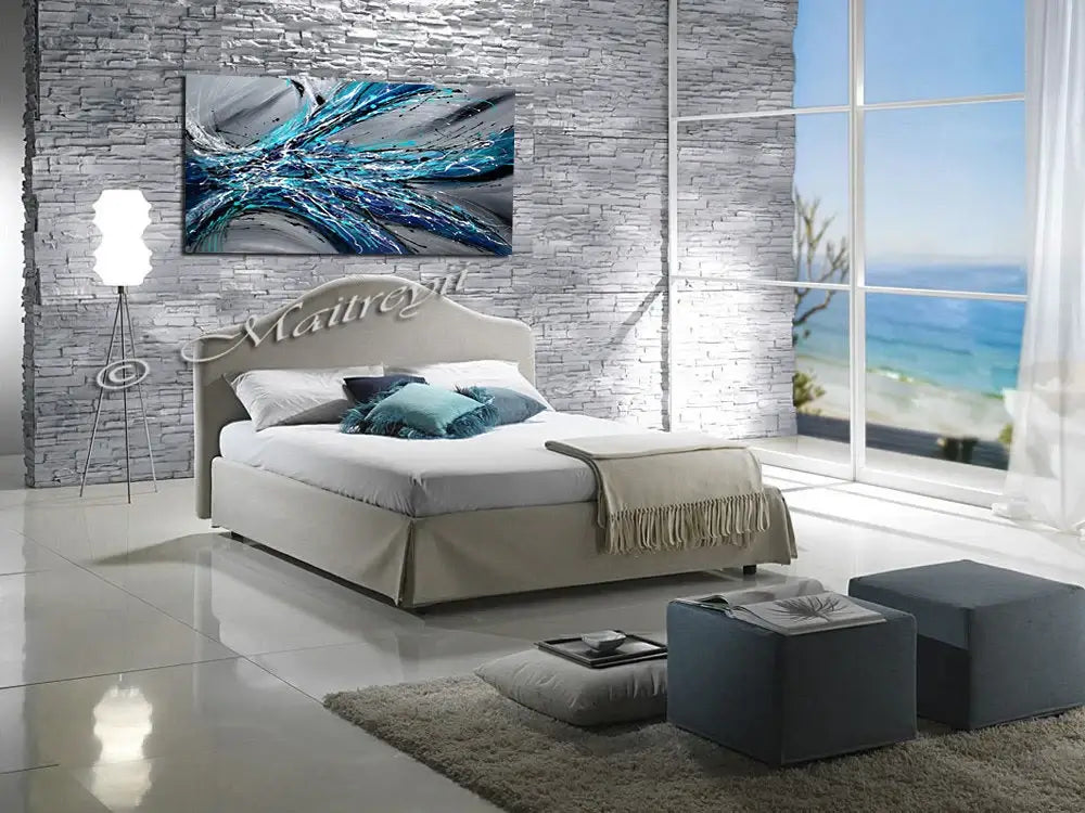 Large Abstract Blue Painting showcasing modern elegance in a stylish bedroom setting with coastal views.