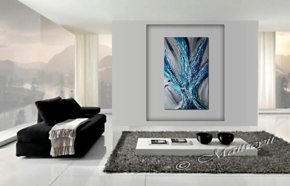 Large Abstract Blue Painting displayed in a modern living room, featuring cobalt and turquoise tones.