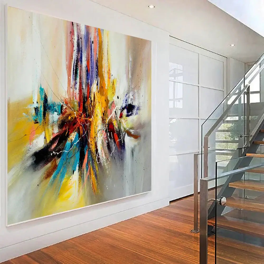 Large modern abstract oil painting with vibrant colors displayed in a stylish interior, enhancing the space.