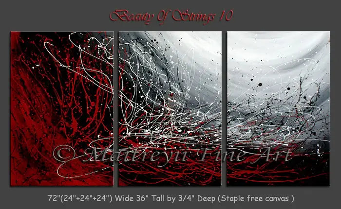 Abstract Modern Art canvas painting titled 'Beauty of Strings 10' in red and black hues, 72x36 inches for sale.
