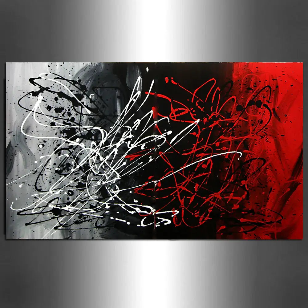 Large Abstract Canvas featuring bold black, white, and red colors with dynamic textures, ideal for modern wall art.