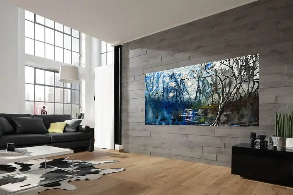 Abstract Landscape Painting displayed in a modern living room setting with large windows and stone walls.