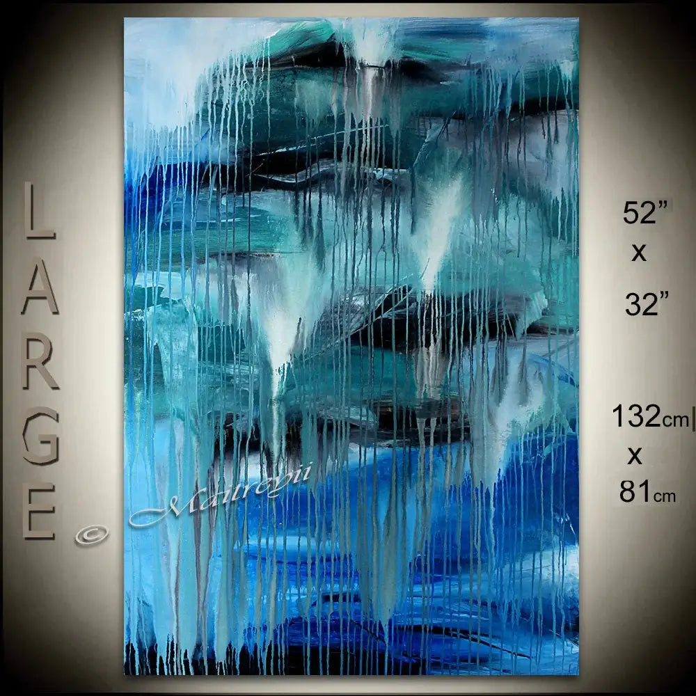 Luxury Modern Home Decor - Handmade Abstract Wall Art in Blue Waterfall design, 52" x 32" by Maitreyii.