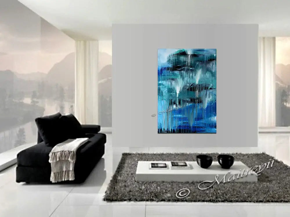Luxury Modern Home Decor featuring handmade abstract wall art - Blue Waterfall in a contemporary living room.