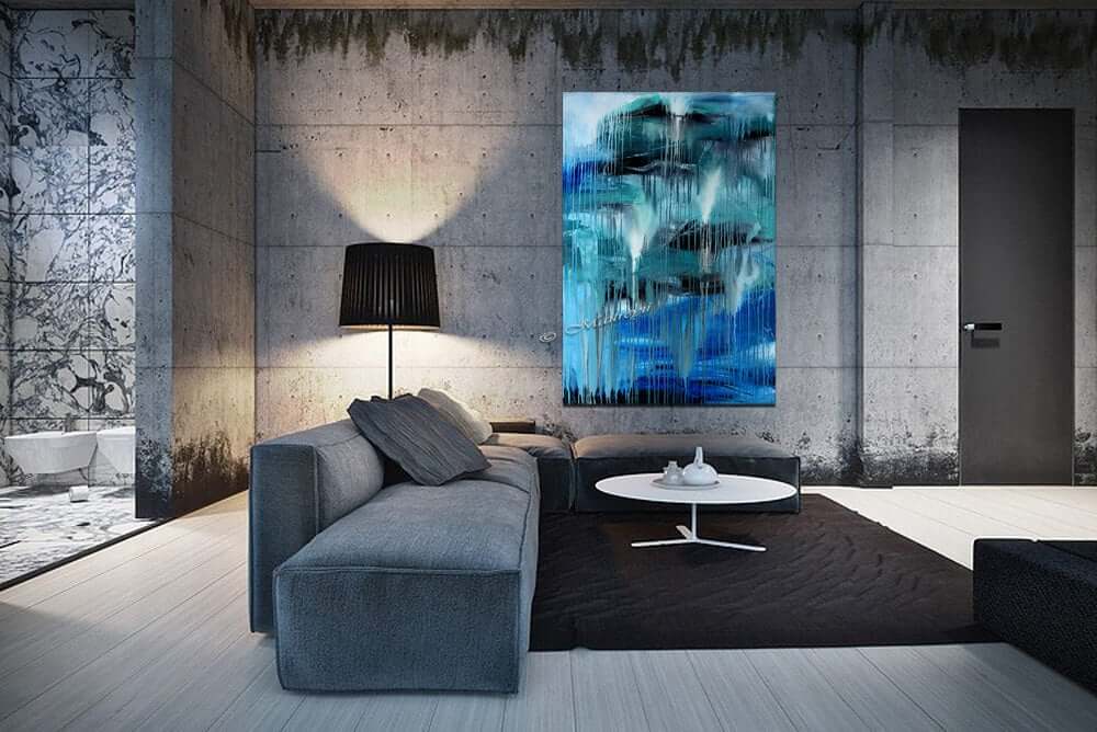 Luxury Modern Home Decor featuring handmade abstract wall art in a chic living room setting.