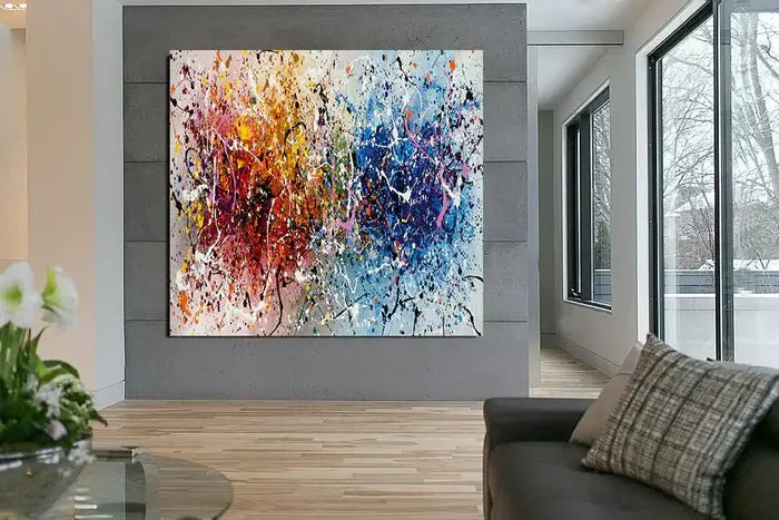 Hand-painted original canvas wall art in vibrant colors displayed in modern interior setting.