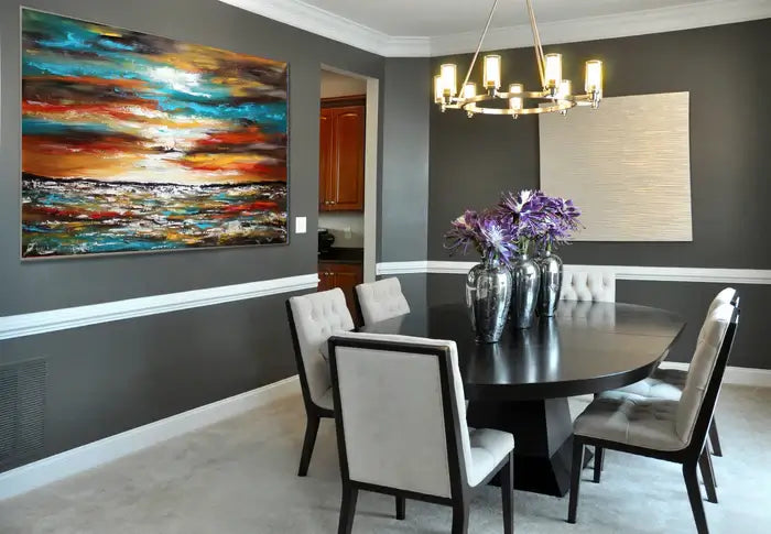 Large ocean art oil painting in modern dining room, featuring vibrant colors and coastal decor.