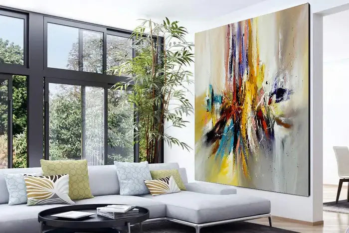 Large modern abstract oil painting featuring vibrant colors and textures, enhancing contemporary living room decor.