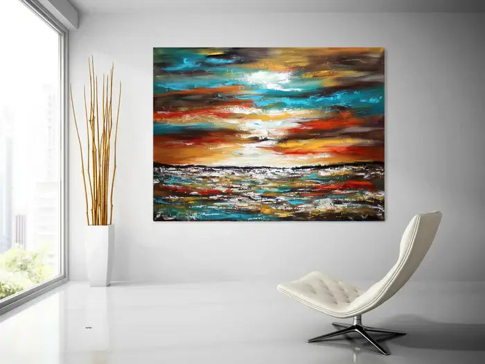 Large ocean art oil painting in modern living room, vibrant colors of sea and sunset for coastal decor.