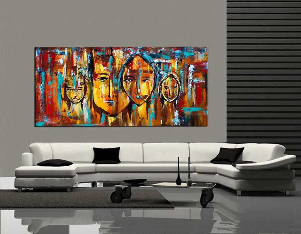Family Painting featuring colorful abstract faces, perfect for enhancing home decor and showcasing family love.