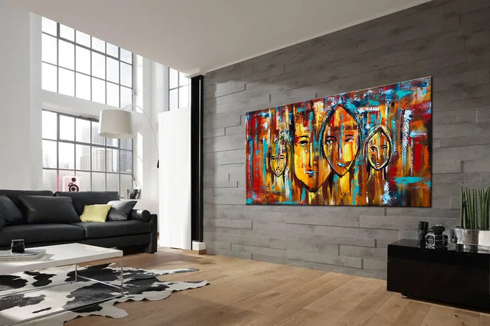 Family Painting showcasing expressive faces in a vibrant living room, perfect for home walls and family connection.