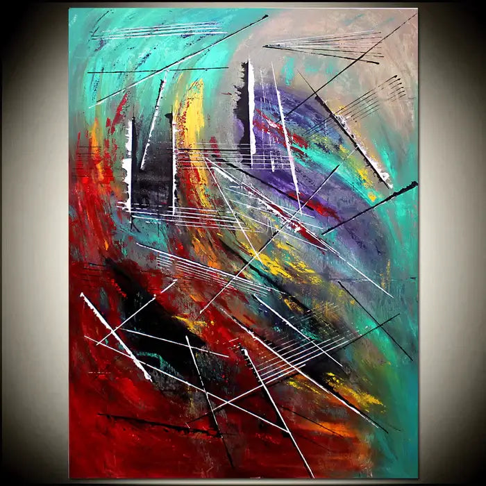 Large Wall Art - Extremely modern abstract painting featuring vibrant colors and dynamic lines on canvas.