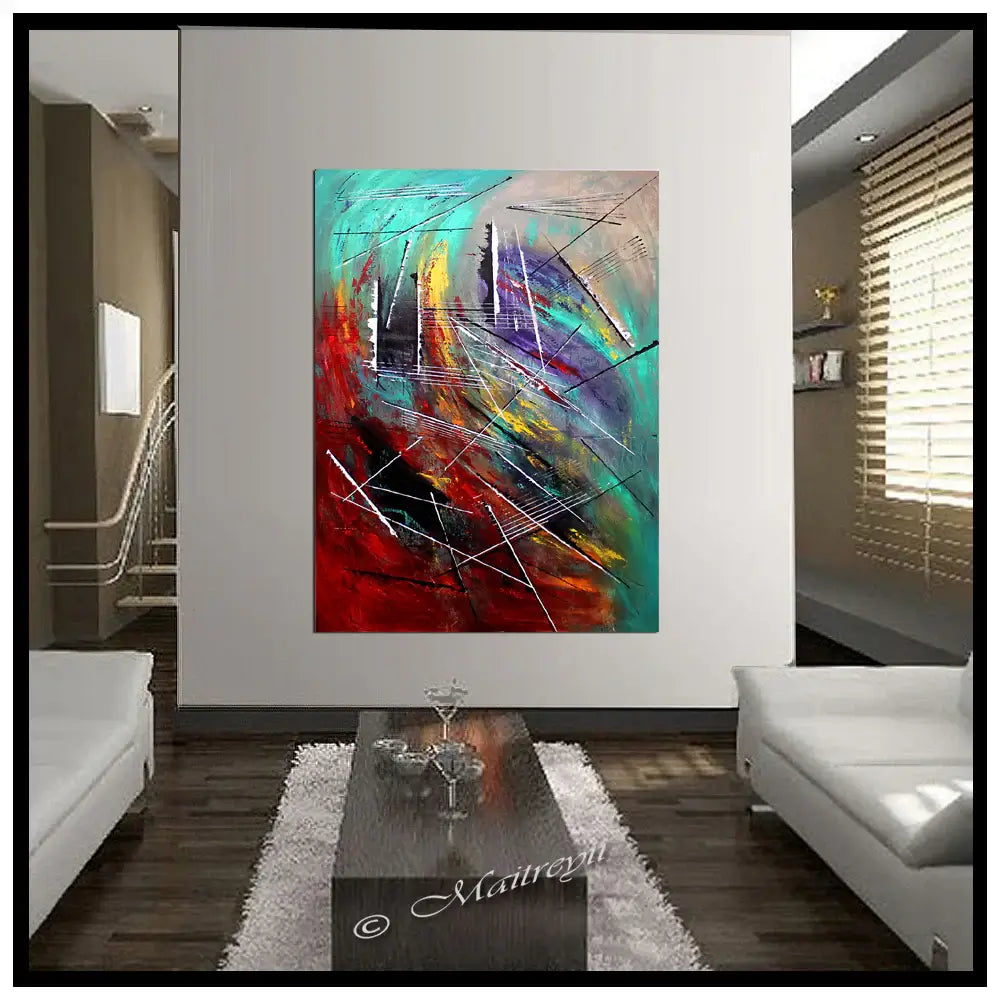 Large Wall Art showcasing an abstract painting by Maitreyii, displayed in a modern living room setting.